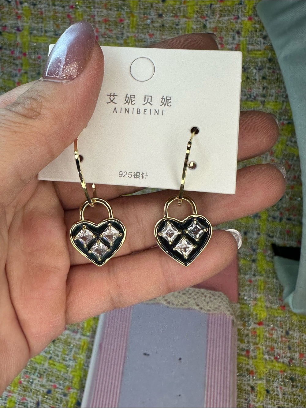 Gold Heart Drop Earrings with Black Enamel and Clear Stones